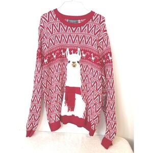 33 Degrees Mens XXL Llama Holiday Sweater Red Fair Isle Cotton Pullover Novelty